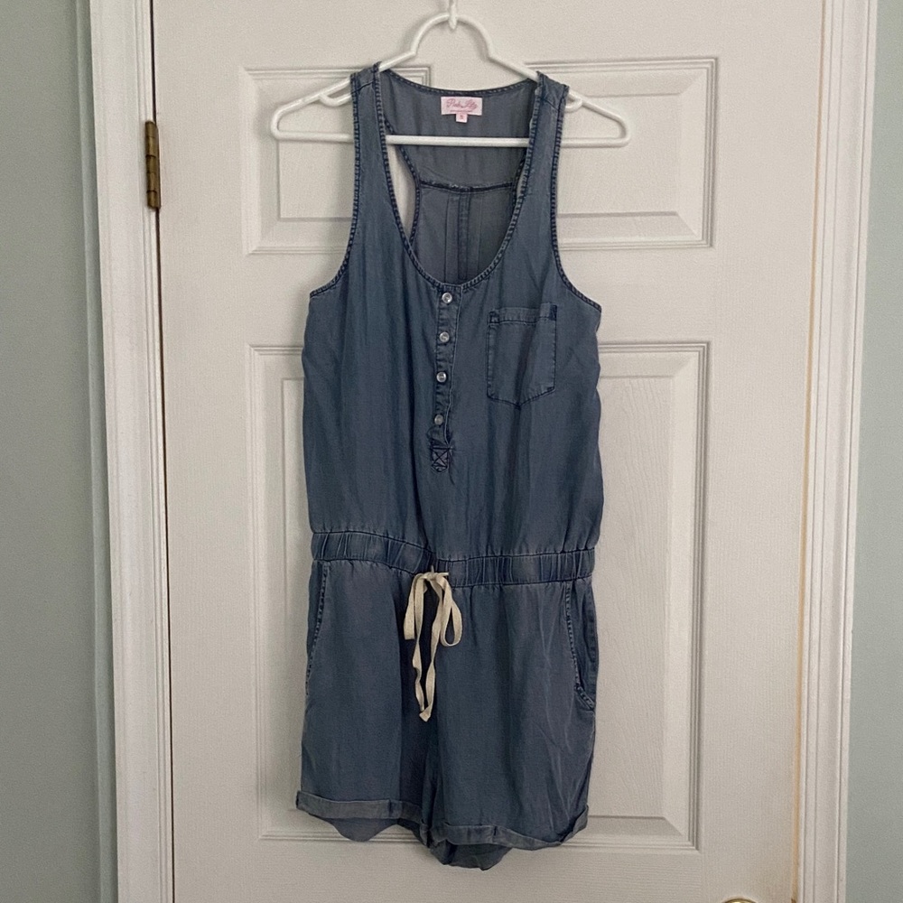 Pink Lily Chambray Sleeveless One-Piece Romper with Drawstring